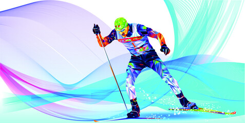 Olympic games Beijing 2022.The polygonal colourful triangles figure of a young man skier with on a blue background. Vector illustration in a geometric triangle of XXIV style Winter games
