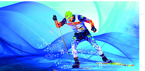 Olympic games Beijing 2022.The polygonal colourful triangles figure of a young man skier with on a blue background. Vector illustration in a geometric triangle of XXIV style Winter games