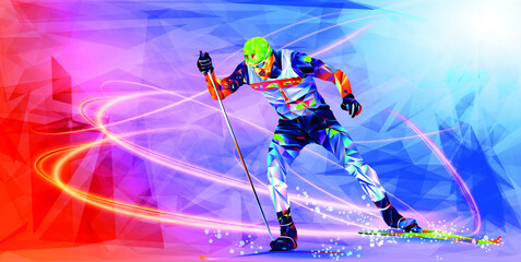 .The polygonal colourful triangles figure of a young man skier with on a blue background. Vector illustration in a geometric triangle of XXIV style Winter games