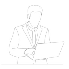 man with laptop drawing by one continuous line, isolated, vector