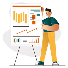 Cartoon style vector illustration isolated on white background. Technology corporate. Modern banner of asian boy  business strategy. Innovation technology of teamwork. Business man character.