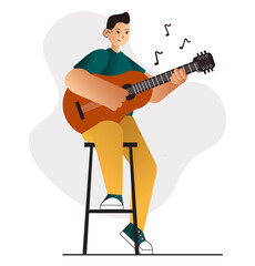 Illustration of asian man stay at home and have fun hobby - playing guitar. Vector eps10 isolated on white. Cartoon person character song concert indoor.