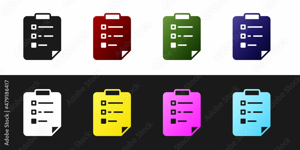 Poster set clipboard with checklist icon isolated on black and white background. control list symbol. surve