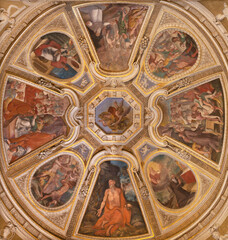 FORLÍ, ITALY - NOVEMBER 10, 2021: The ceiling fresco with the scenes of St. Jerome live in side chapel of church Basilica di San Mercuriale by unknown artist.