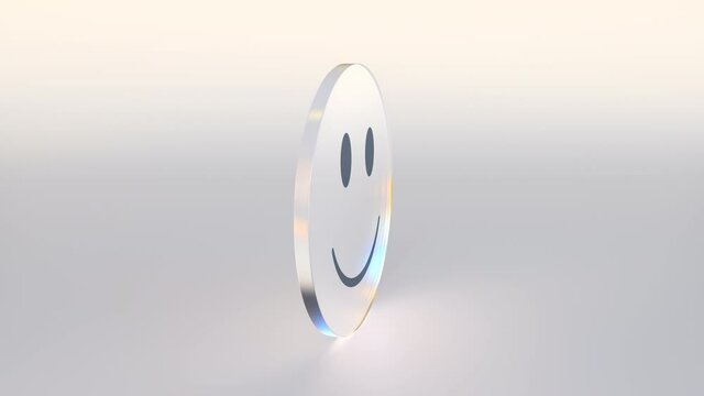 Bitcoin sign and happy smiley on the sides of a spinning coin or token, successful investment conceptual looping 3d animation