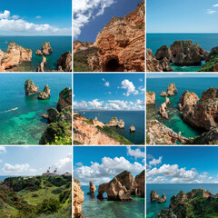 Collage of the rocky coast Ponta da Piedade in Lagos in the Algarve