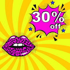 Obraz premium Pop art comic sale discount promotion banner. 30 percent off. Comic text 30 percent sale set discount. Promo sale thirty percent poster