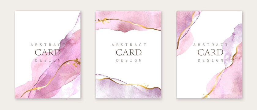 Set of vertical backgrounds. Pink, violet watercolor fluid painting vector design. Dusty pastel and golden marble