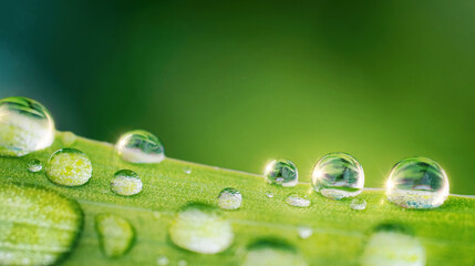 Water droplets on green leaf in nature, macro. Many drops of morning dew sparkle in sunlight.