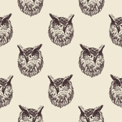Pattern of hand-drawn owls on a beige background for printing on paper, textiles and decoration. Vector illustration.
