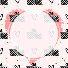 Abstract vector background with gift and heart shapes and white circle in stamp and line styles as a template for your social media content and banners or flyers. Seamless texture