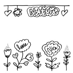Black Hand Drawn Flower Frame Border with Chrysanthemum, Bellflowers, Hibiscus Flower, Branches, Plants. Decorative Outlined Vector Illustration. Floral Design Elements with nature, love, nice text.