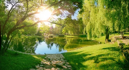 Beautiful colorful summer spring natural landscape with a lake in Park surrounded by green foliage of trees in sunlight and stone path in foreground. © Laura Pashkevich