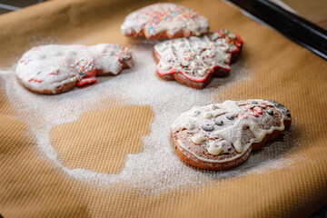 Christmas cookies sprinkled with icing sugar on a baking sheet.