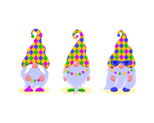 Mardi Gras Gnomes vector set. Mardigras squad handwritten text. Cute elf isolated on white background. Cartoon characters. Flat design for holidays decoration, greeting cards, gift tags, t-shirt print