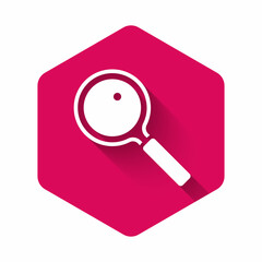 White Magnifying glass icon isolated with long shadow background. Search, focus, zoom, business symbol. Pink hexagon button. Vector