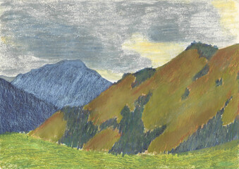 a mountain landscape with pastels, mountains sketch