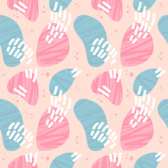 Obraz premium Abstract vector pattern with scribble shapes in doodle style in pastel trendy colors as a template for textile or web headers and banners or flyers. Seamless texture