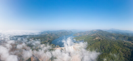 beautiful panoramic landscape aerial view mae suai dam or reservoir blue sky background at chiang rai Thailand