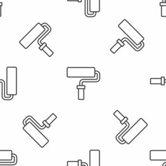 Grey line Paint roller brush icon isolated seamless pattern on white background. Vector