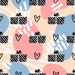 Cute gift pattern in beige pastel colors with seamless texture for wrapping paper and backgrounds