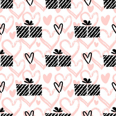 Cute pattern with gifts and hearts in beige pastel colors with seamless texture for wrapping paper and backgrounds
