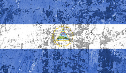 Nicaragua flag on old paint on wall. 3D image