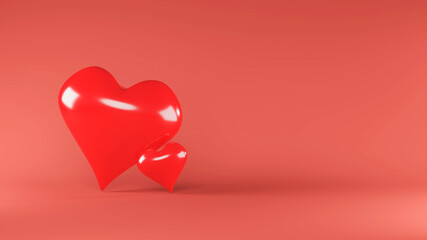 Two Hearts for Valentine's day concept on red color background with shadow 3D rendering