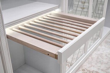 Elegant white cabinet with open empty slide out rack for trousers and led illumination in luxury...