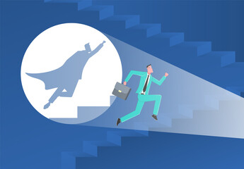Business target. Businessman runs up the stairs, his superhero shadow is on the wall