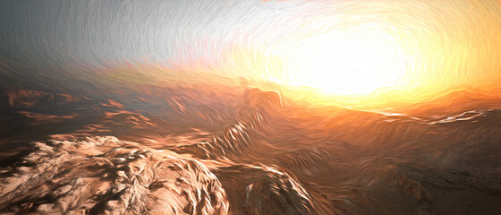 Panoramic view of the arid rocky desert during sunrise