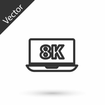 Grey line Laptop screen with 8k video technology icon isolated on white background. Vector