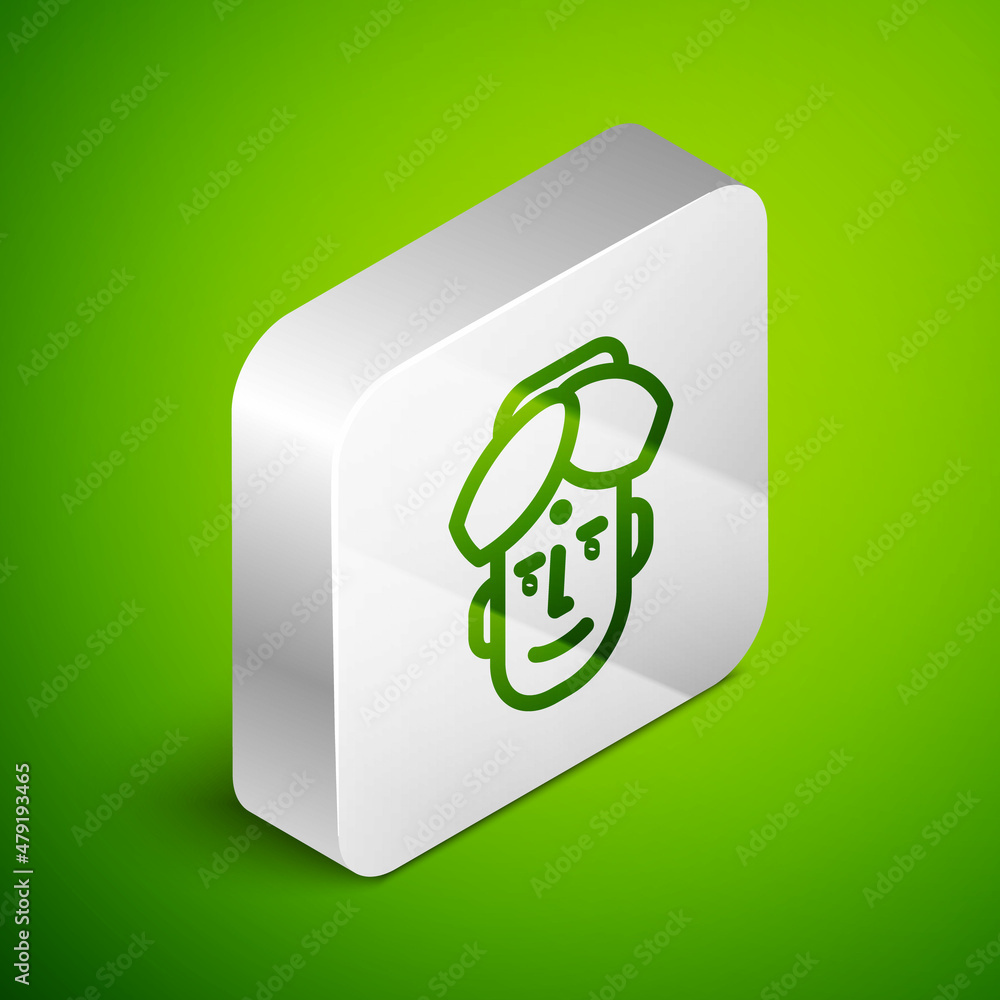 Poster isometric line portrait of indian man icon isolated on green background. hindu men. silver square bu