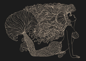 Vector drawing fantastic sea mermaid with developing long wavy hair decorated water lily. Sea goddess a lush fin tail lies on the bottom and looks. Pattern Fairy tale ornamental Light yellow on brown 