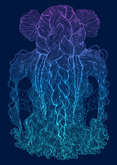 Vector of a young woman back with long, wavy hair. Hairstyle view with three braided pigtails decorated with two large lilies. Pattern ornamental Design card, print t-shirt. Colorful neon luminous