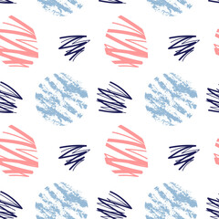 Fototapeta na wymiar Abstract vector pattern with scribble shapes in doodle style in pastel trendy colors as a template for textile or web headers and banners or flyers. Seamless texture