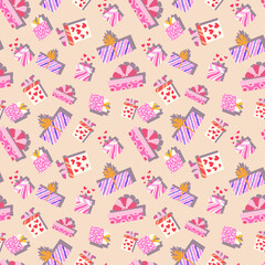 Cute gift pattern in beige pastel colors with seamless texture for wrapping paper and backgrounds