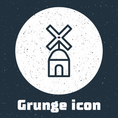 Grunge line Windmill icon isolated on grey background. Monochrome vintage drawing. Vector