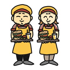 ファーストフード店の店員さんのイラスト。黄と赤の制服、ドリンクと軽食がのったトレイを持っています。