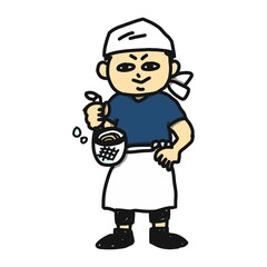 ラーメン屋の店員さんのイラストです。麺の湯切りをしています。前掛けと、頭にタオルを巻いています。
