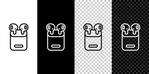 Set line Air headphones in box icon isolated on black and white background. Holder wireless in case earphones garniture electronic gadget. Vector