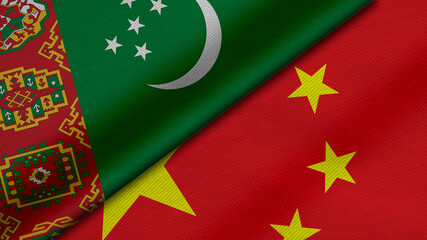 3D Rendering of two flags from Turkmenistan and China with fabric texture, bilateral relations, peace and conflict between countries, great for background