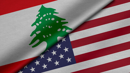 3D rendering of two flags of Lebanon and United States of America together with fabric texture, bilateral relations, peace and conflict between countries, great for background
