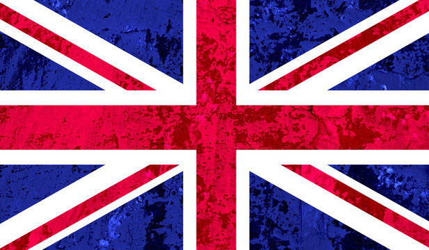 United Kingdom flag on old paint on wall. 3D image