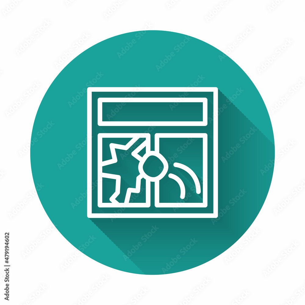 Poster white line broken window icon isolated with long shadow. damaged window. beaten windowpane concept. 