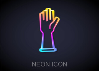 Glowing neon line Rubber gloves icon isolated on black background. Latex hand protection sign. Housework cleaning equipment symbol. Vector