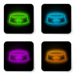 Glowing neon line Pet food bowl for cat or dog icon isolated on white background. Dog or cat paw print. Black square button. Vector