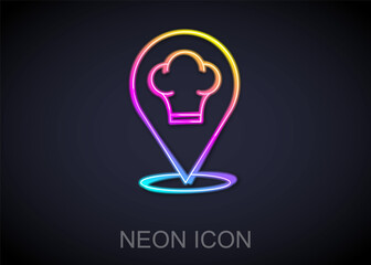 Glowing neon line Chef hat with location icon isolated on black background. Cooking symbol. Cooks hat. Vector