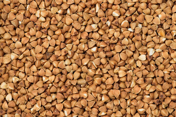 Buckwheat background or texture. Close up, top view  