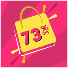 73 percent discount. Pink banner with floating bag for promotions and offers
